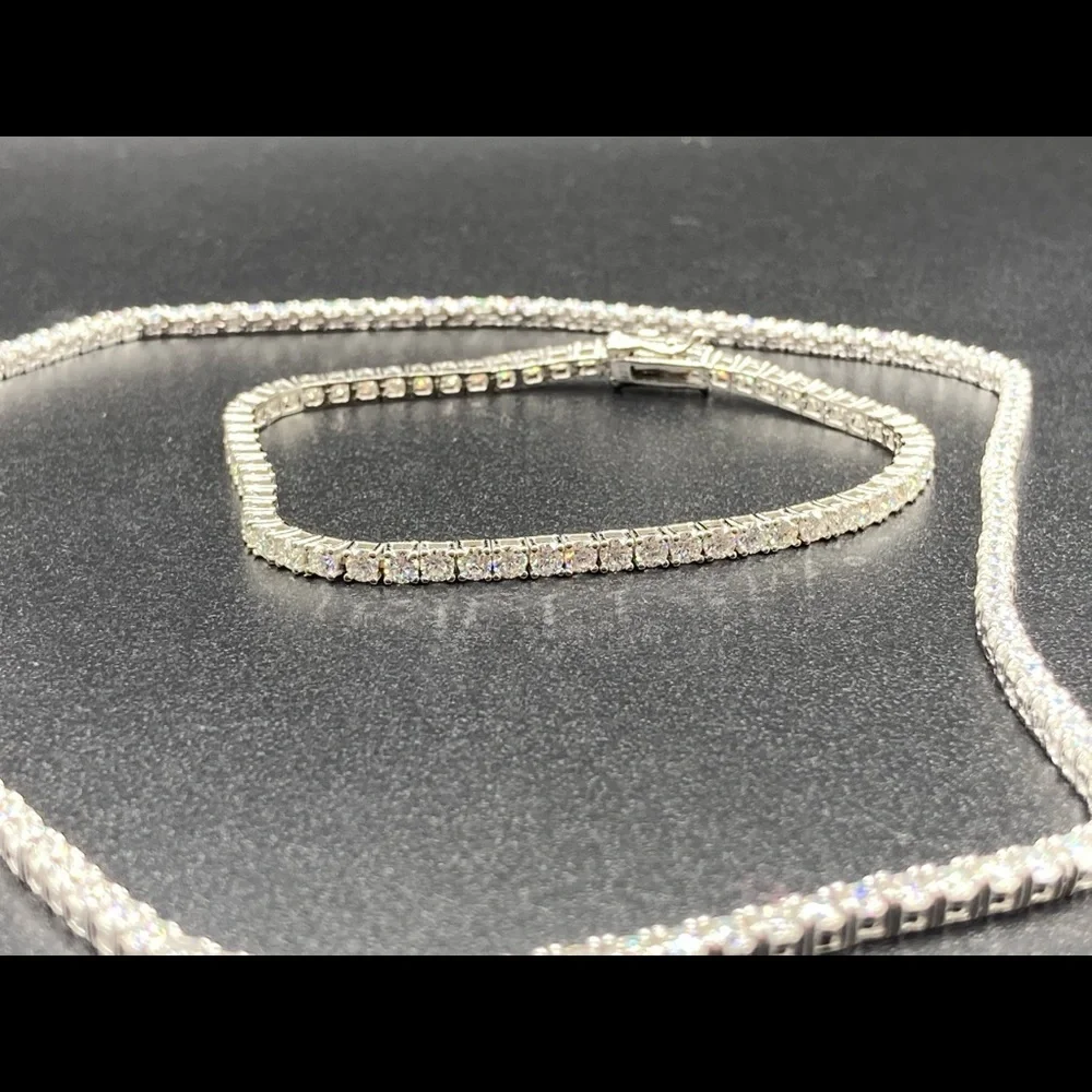 925 Silver Moissanite Tennis Chain Necklace Bracelet Set - Picture 7 of 10